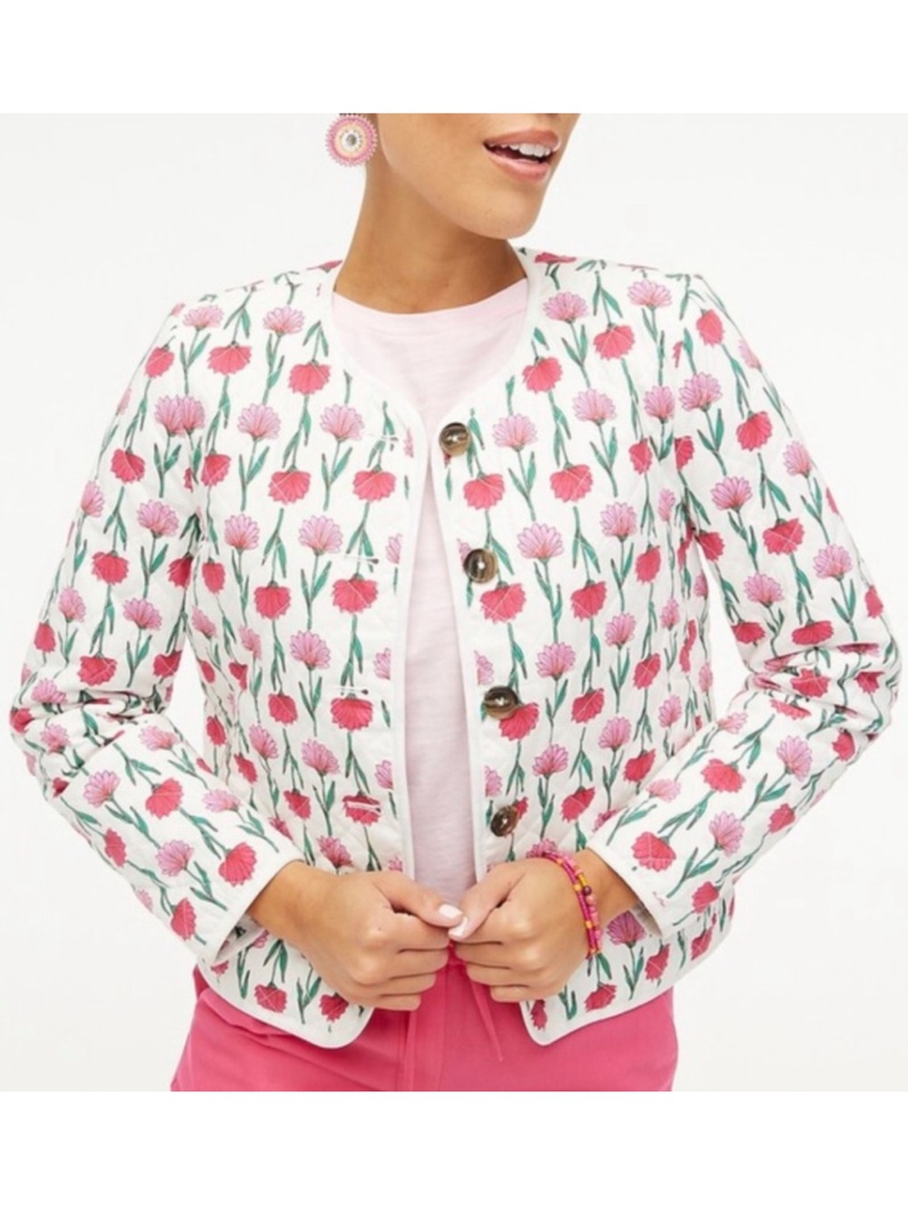 J. Crew Floral Quilted Jacket - Pink & Red on White Lined